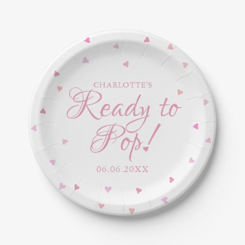 Pink Hearts Ready to Pop Baby Shower Paper Plates