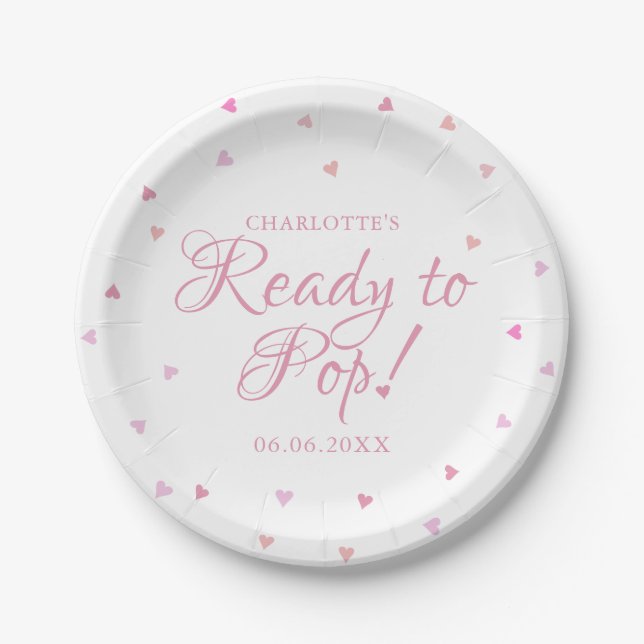 Pink Hearts Ready to Pop Baby Shower Paper Plates (Front)