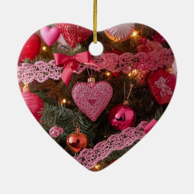 Pink Hearts Red Bulbs on a Romantic Valentine Tree Ceramic Ornament (Back)