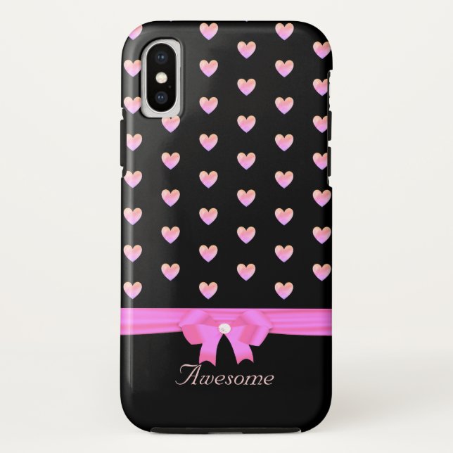 Pink hearts, ribbon and calligraphy on black Case-Mate iPhone case (Back)