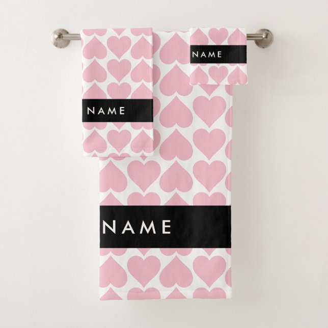 Pink Hearts, Romantic, Your Name, Personalise Bath Towel Set (Insitu)