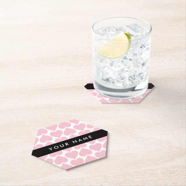 Pink Hearts, Romantic, Your Name, Personalise Paper Coaster (Insitu)