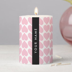 Pink Hearts, Romantic, Your Name, Personalise Pillar Candle
