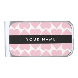 Pink Hearts, Romantic, Your Name, Personalise Silver Finish Money Clip