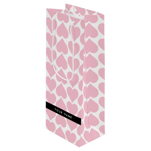 Pink Hearts, Romantic, Your Name, Personalise Wine Gift Bag (Front Angled)