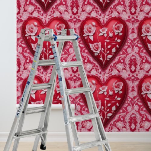 Pink Hearts Roses White Lace Peel Stick Wallpaper