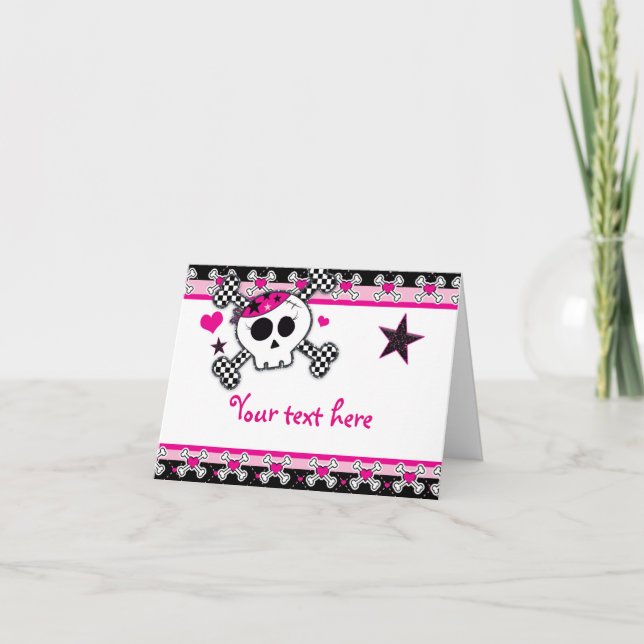 Pink Hearts Skull & Crossbones Fold Thank You Card (Front)
