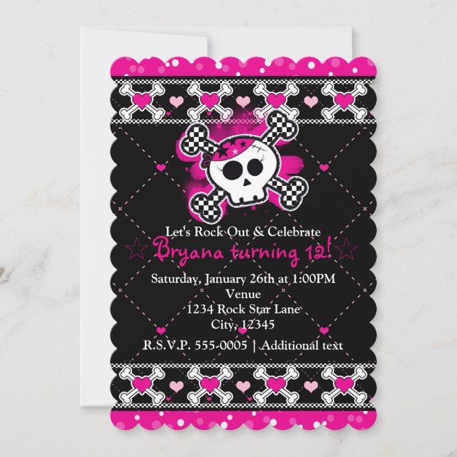 Pink Hearts, Skull & Crossbones Party Invitations (Front)