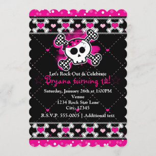 Pink Hearts, Skull & Crossbones Party Invitations