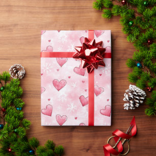 Pink Hearts Snowflakes Christmas Wrapping Paper