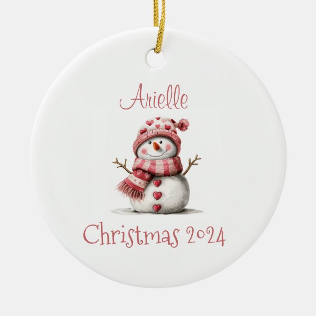 Pink Hearts Snowman Personalized Ornament (Front)