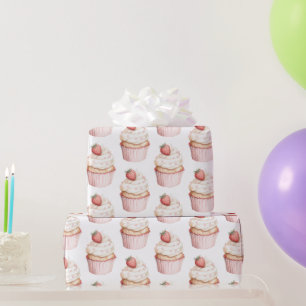 Pink Hearts Strawberry Cupcake   Wrapping Paper
