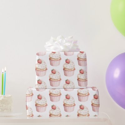 Pink Hearts Strawberry Cupcake   Wrapping Paper