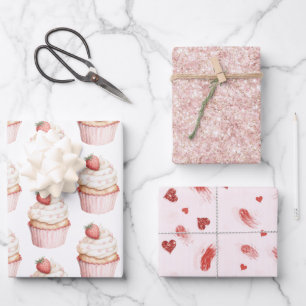 Pink Hearts Strawberry Cupcake   Wrapping Paper Sheets