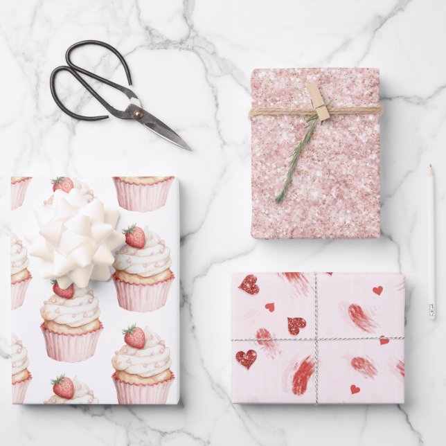 Pink Hearts Strawberry Cupcake   Wrapping Paper Sheets (Front)