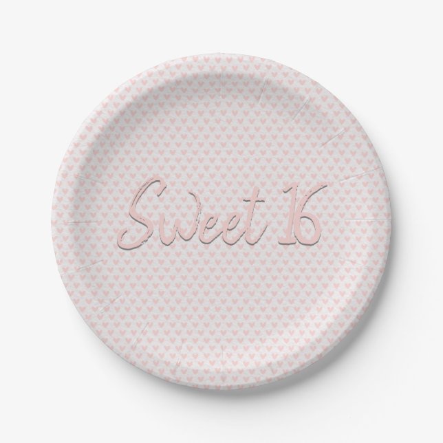 Pink Hearts Sweet 16 Party Paper Plates (Front)