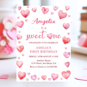Pink Hearts Sweet One Valentine 1st Birthday Invitation