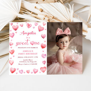 Pink Hearts Sweet One Valentine 1st Birthday Photo Invitation