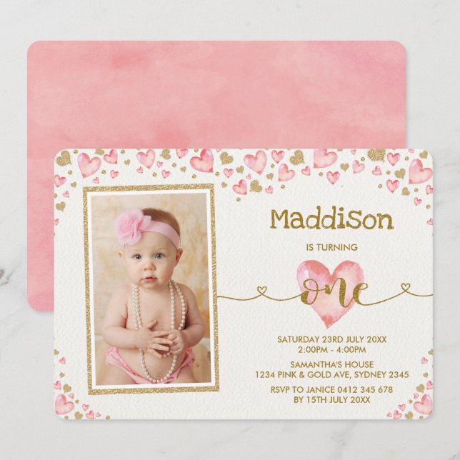 Pink Hearts Sweetheart First 1st Birthday Invite (Front/Back)
