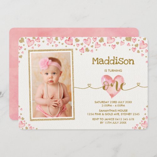 Pink Hearts Sweetheart First 1st Birthday Invite