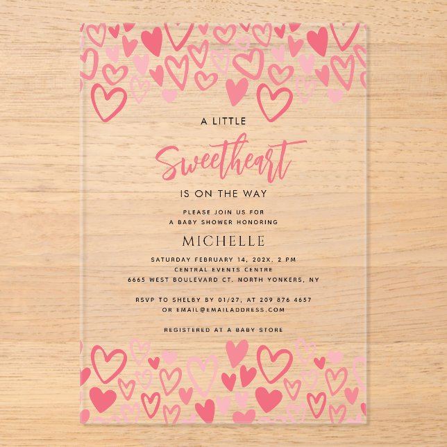 Pink Hearts Sweetheart Girl Baby Shower Acrylic Invitations (Front)