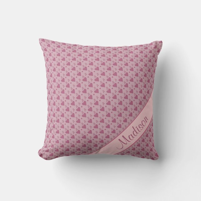 Pink Hearts Swirl Pattern Personalized Throw Pillow (Front)