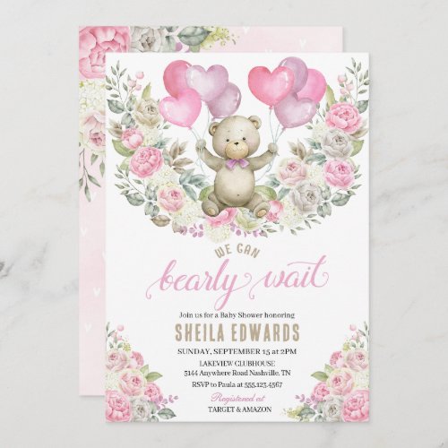 Pink Hearts Teddy Bear Balloons Baby Shower Invitation