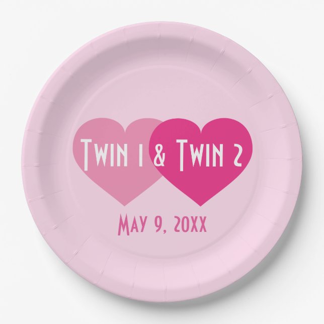 Pink Hearts Twin Girls Paper Plates (Front)