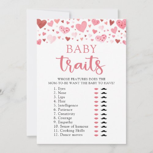 Pink Hearts Valentine Baby Shower Baby Traits Game Invitation