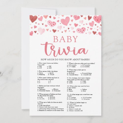 Pink Hearts Valentine Baby Trivia Baby Shower Game Invitation