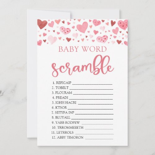 Pink Hearts Valentine Baby Word Scramble Game Invitation