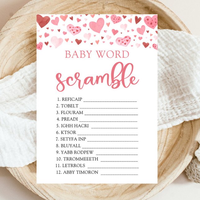 Pink Hearts Valentine Baby Word Scramble Game Invitation (Watercolor Cute Pink Red Hearts Valentine Little Sweetheart Girl Baby Word Scramble Baby Shower Game)