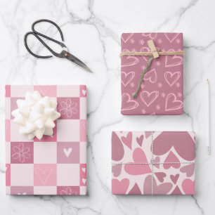 Pink Hearts Valentine's Day Love Retro Checker Wrapping Paper Sheets