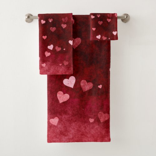 Pink Hearts Watercolor Background Bath Towel Set