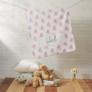 Pink Hearts Watercolor Pattern Love New Baby Name  Baby Blanket