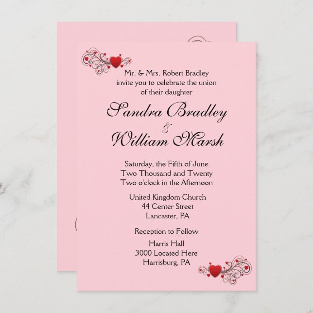 Pink Hearts Wedding Invitation (Front/Back)