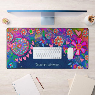 Pink Hearts Whimsical Floral Personalized Blue Desk Mat