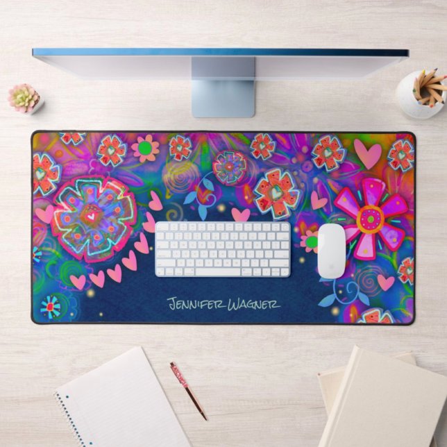 Pink Hearts Whimsical Floral Personalized Blue Desk Mat (Creator Uploaded)
