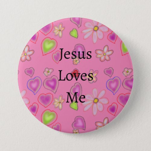Pink Hearts White Flowers Jesus Loves Me Button