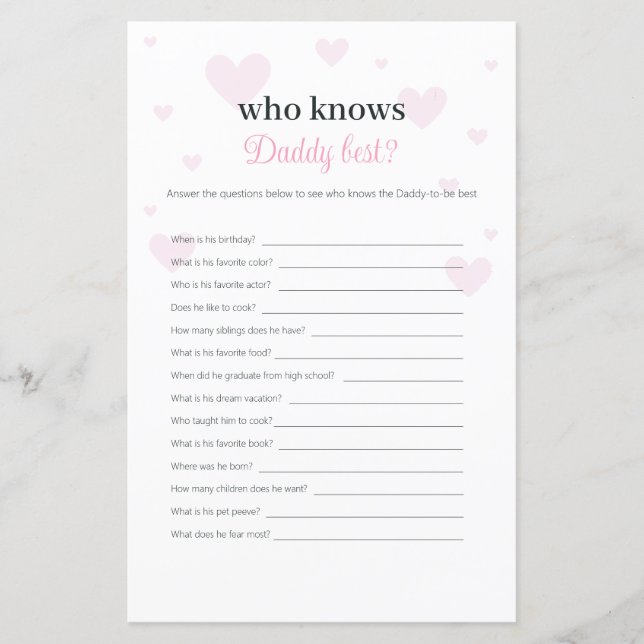 Pink Hearts Who Knows Daddy Best Baby Shower Game (Front)