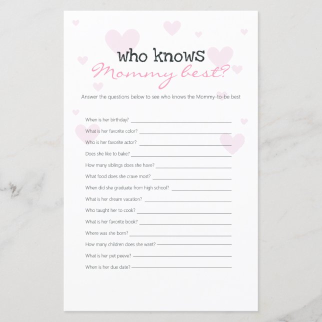 Pink Hearts Who Knows Mommy Best Baby Shower Game (Front)