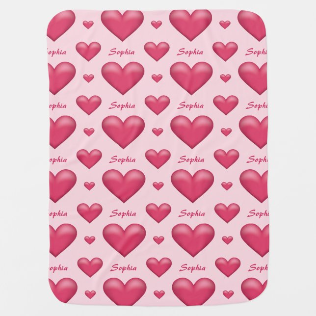 Pink Hearts With Custom Name Pattern Baby Blanket (Front)