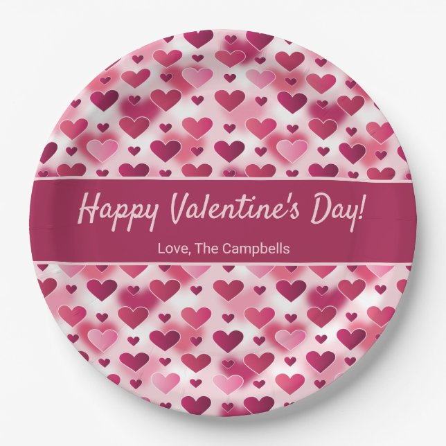 Pink Hearts With Custom Text Valentine's Day Paper Plates (Front)