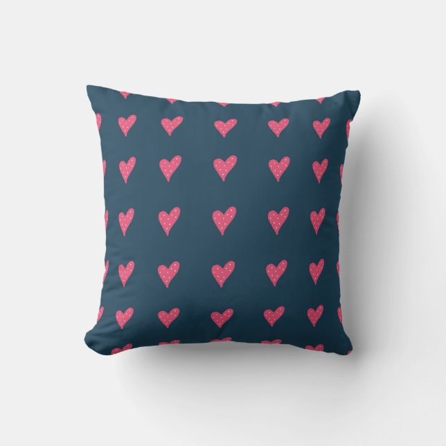 Pink Hearts with Dots Drawing Valentine`s Day Thro Throw Pillow (Front)
