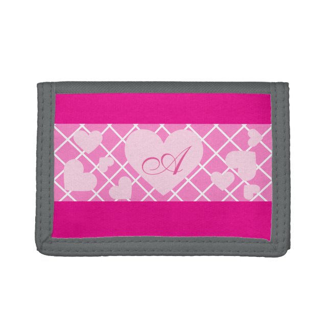 Pink Hearts with Girly Monogram Leather Wallet (Front)
