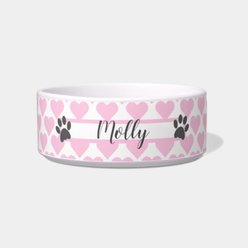 Pink Hearts with Gray Paw Prints Personalized Pet Bowl