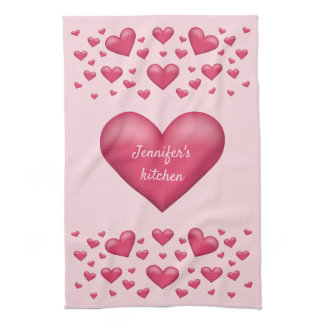 Pink Hearts With Personalizable Text Kitchen Towel