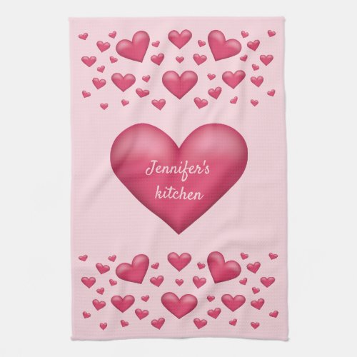 Pink Hearts With Personalizable Text Kitchen Towel