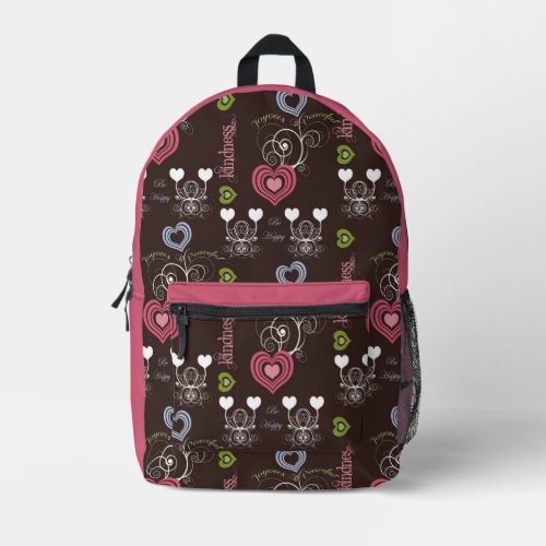 Pink Hearts with Positive Words Printed Backpack