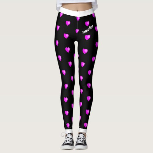 Pink Hearts with Your Name on Black or Your Color Leggings
